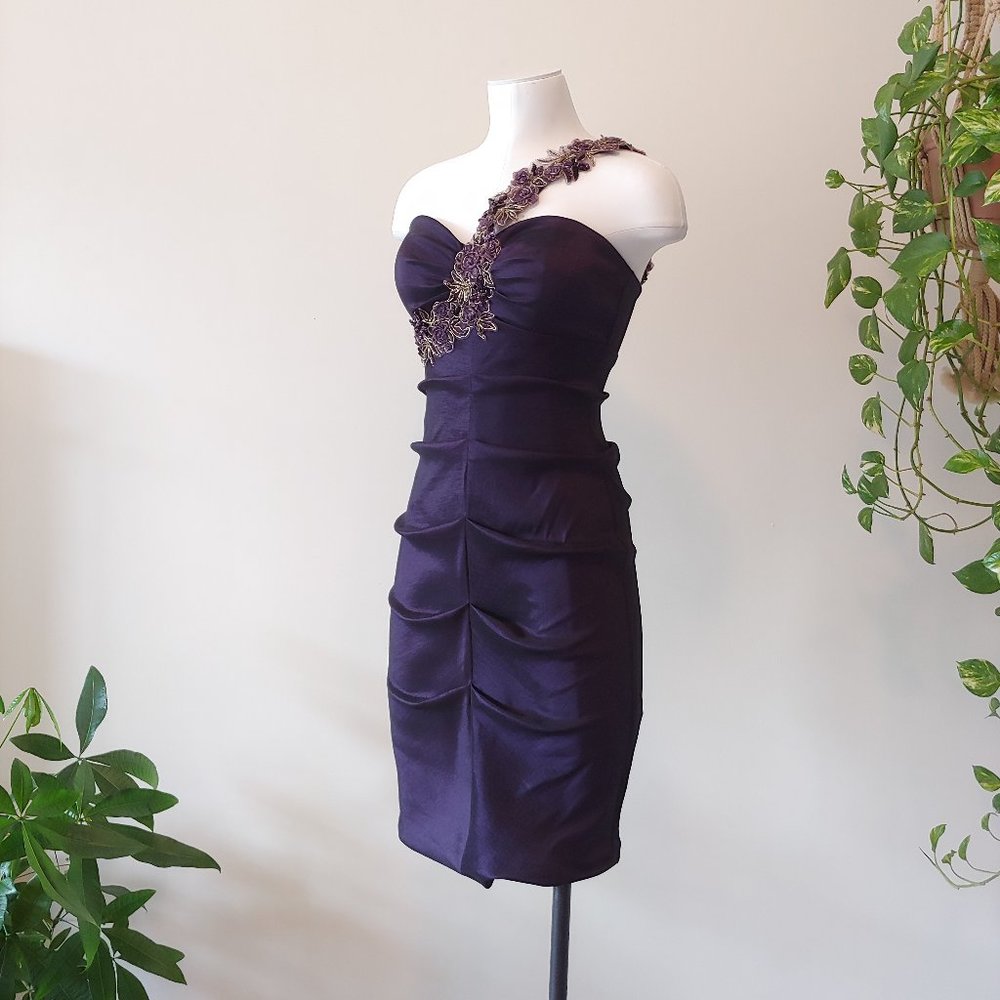 BEADED ONE SHOULDER PURPLE COCKTAIL DRESS